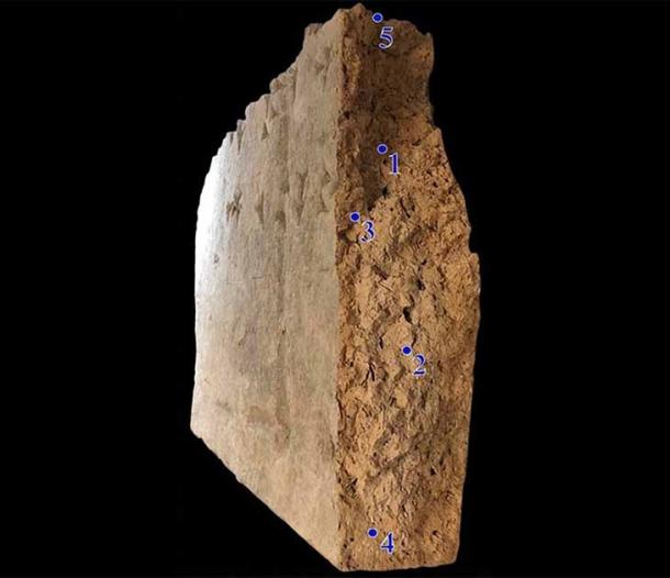 The five sampling points on the surface of the brick from which ancient plant DNA has been extracted. (Troels Pank Arbøll / CC BY 4.0)