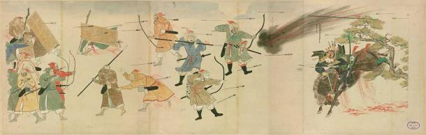 The Japanese samurai Suenaga facing Mongol arrows and bombs during the first Mongol invasion of Japan in 1274. (土佐長隆, et al. / Public domain)