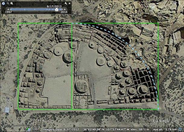 A satellite photo of the Pueblo Bonito archaeological site in Chaco Culture National Historic Park, New Mexico, USA with illustrations demonstrating some of its geometrical properties.