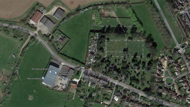 A satellite view of the site where the skeletons were found, at a farm near a graveyard (top center). (Google Maps)