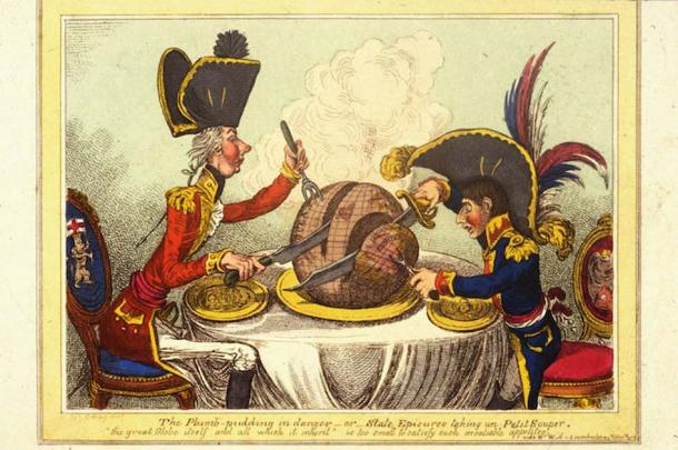 A satirical cartoon by James Gillray, showing British Prime Minister William Pitt and the French leader Napoleon Bonaparte carving up the world between them. Called ‘The Plumb Pudding in Danger,’ it was published on Feb. 26, 1805. (Rischgitz/Hulton Archive via Getty Images/The Conversation)