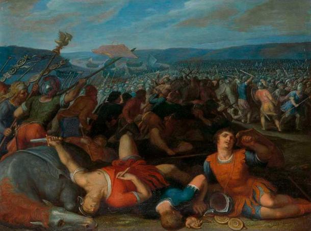 A scene from the end of the Revolt of the Batavi battle, painted by Otto van Veen, in which the elite German barbarians overwhelmed the Roman forces in central Germany on the Rhine River. (Otto van Veen/ Rijksmuseum)