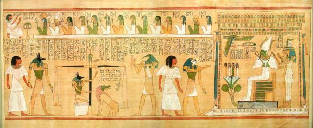 In the three scenes from the Book of the Dead, the dead man (Hunefer) is taken into the judgment hall by the jackal-headed Anubis. The next scene is the weighing of his heart, with Ammut awaiting the result and Thoth recording. Papyrus from 1275 BC (Public Domain)