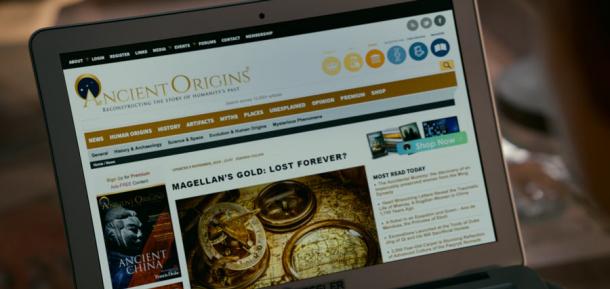 Screenshot from the 2022 film ‘Uncharted’ featuring the Ancient Origins website. (Columbia Pictures / Sony Pictures Entertainment)