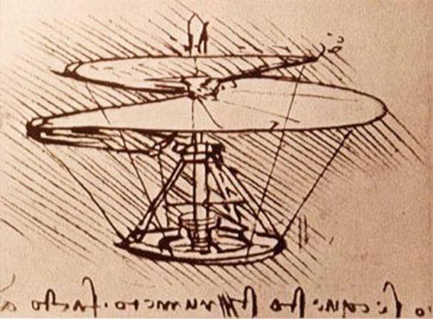 Detail from da Vinci’s aerial screw sketch. Often considered a proto-helicopter, its military application was clear (Public Domain)