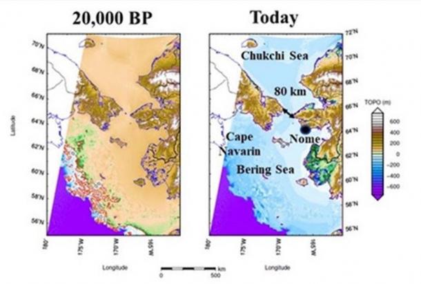 The sea level in the Bering Strait at the Last Glacial Maximum (20,000 years ago) versus today. Note the intricate archipelago that was present in the past but not today. Its islands (outlined  in red left image, lower left) might have served as stepping stones for the first settlers crossing from Asia to North American (Image: Jerry Dobson/Geographical Review)