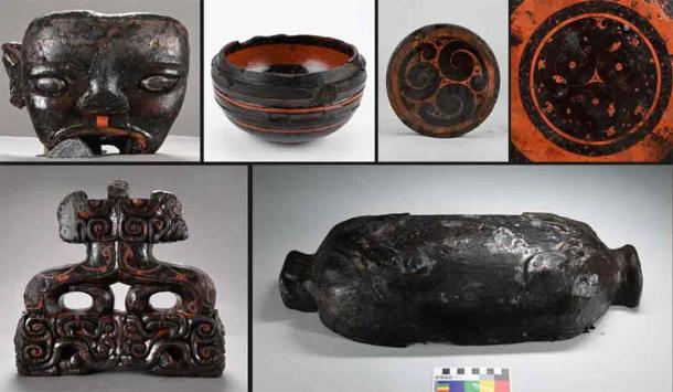 Selection of lacquerwares unearthed from the Wuwangdun tomb discovered in Huainan, east China's Anhui Province. (Anhui provincial cultural relics and archaeology research institute/Handout via Xinhua)