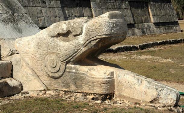 This serpent’s head at El Castillo may indicate the pyramidal temple was a place sacred to Quetzalcoatl, known in Mexico and Central America as the plumed serpent and wind god and creator.