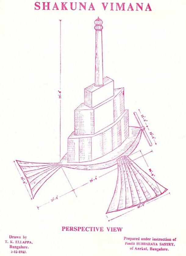 An illustration of the Shakuna Vimana that is supposed to fly like a bird with hinged wings and tail.
