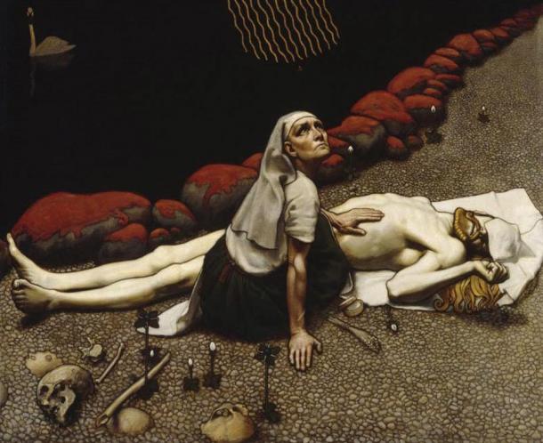 The shaman-mother performs a ceremony to bring her child, who had been killed by Loviatar, back to life.