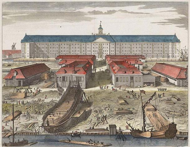 The shipyard of the Dutch East India Company in Amsterdam around 1750.