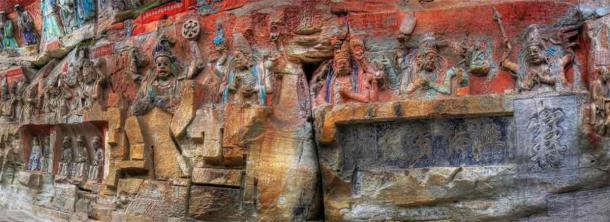 A short segment of the carvings, showing figures such as the Ten Wisdom Kings, including Acala, Hayagriva, Ucchusma, Trailokyavijaya, Yamāntaka and Kuṇḍali. (Davidmcbride/CC BY-SA 4.0)
