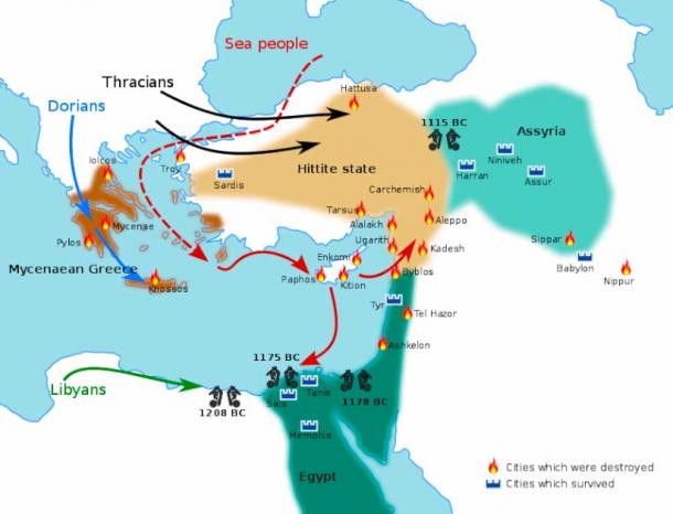 Map showing the Bronze Age collapse (conflicts and movements of people). (Lommes / CC BY-SA 4.0)