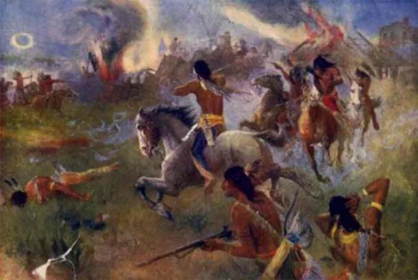 "The siege of New Ulm, Minn.", a painting by Henry August Schwabe. It depicts an attack on New Ulm on August 19, during the Dakota War of 1862, which involved a conflict between the Dakota people of the Sioux tribe and European-American settlers. (Public domain)