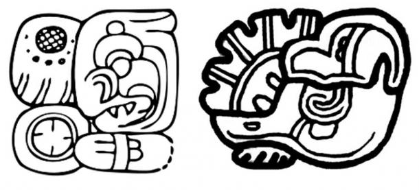 Left: the "signature" glyph of Ha' K'in Xook. Right: The glyph of Yax Ehb' Xook, dynastic founder of Tikal.