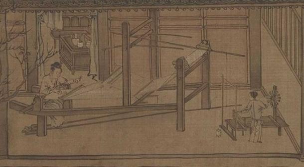 13th century depiction of people weaving silk by Liang Kai.
