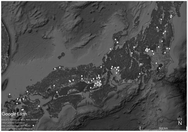 El sitio de las Tumbas de Kofun considerado en el estudio de imágenes satelitales. (Google Earth Pro/Baratta y otros)