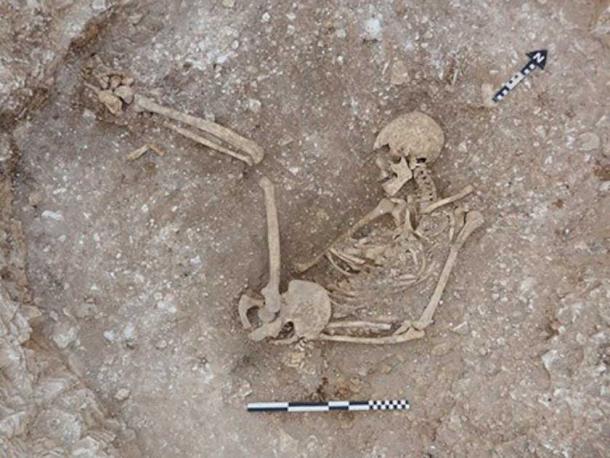 A human skeleton in an oval pit at Duropolis. (Bournemouth University)