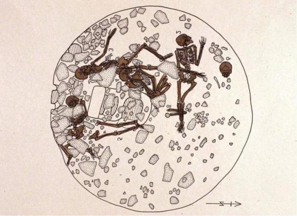 A drawing of some of the skeletons in a kiva or ceremonial structure at Arroyo Hondo; the bodies of seven people were crushed with rock, possibly because they were suspected of witchcraft.