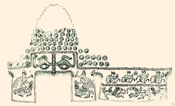 1930s archaeological sketch of the mythological scenes on the Golden Helmet of Coţofeneşti. (Public Domain)