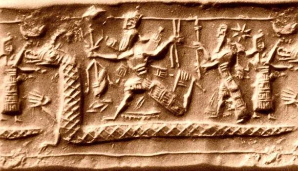 Neo-Assyrian cylinder seal impression from the eighth century BC identified by several sources as a possible depiction of the slaying of Tiamat