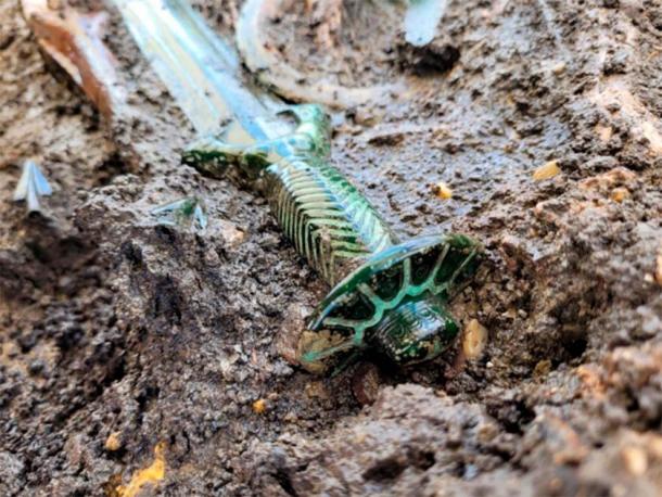 The slightly older Bronze age sword has some green tarnish due to its copper content, but otherwise every detail is preserved.  (Dr. Woidich/Bavarian State Office for the Preservation of Monuments)