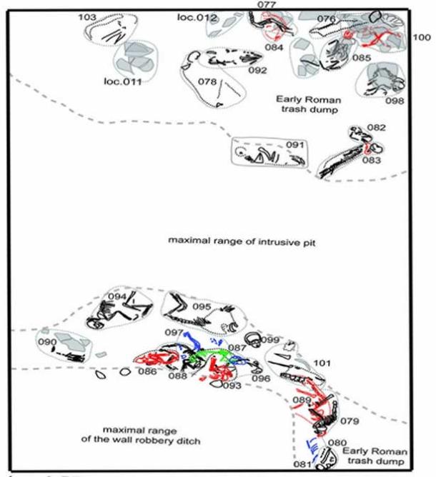 Dispersion of small animal burials in one of the excavated trenches. The level of the trash dump is dated to the 2nd century AD.