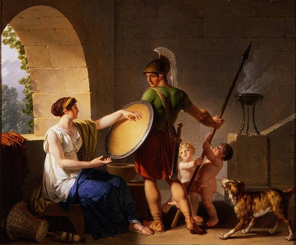 ‘A spartan woman giving a shield to her son’ by Jean-Jacques-Francois Le Barbier.
