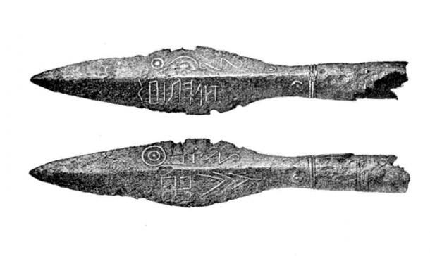 The Spearhead from Kovel. Runes.  Identified as East Germanic (Gothic) because of the nominative -s (in contrast to Proto-Norse -z). (Public Domain)