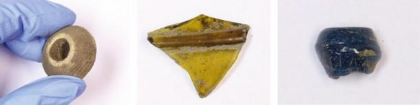 Left: A decorated spindle whorl, which was used in textile production. Middle: A fragment of Anglo-Saxon drinking vessel. Right: Another fragment found at the hillfort. (AOC Archaeology Ltd)