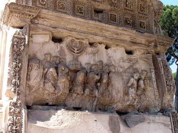 Detail of a relief showing spoils from the Siege of Jerusalem, including the menorah, on the Arch of Titus.