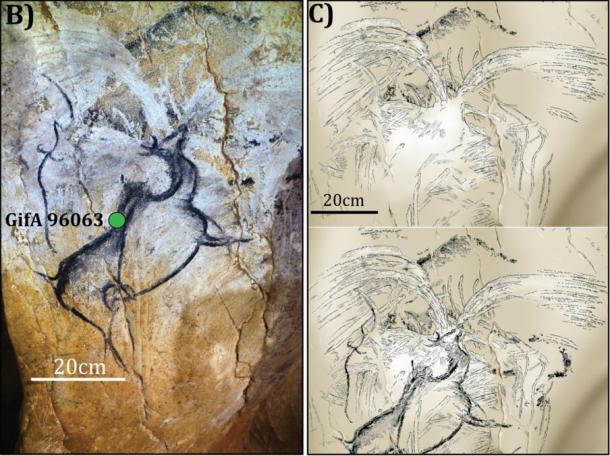 Researchers say the spray or flourish from a cone shape carving into the rock above the megaloceros in Chauvet-Pont d’Arc cave in France, reproduced more clearly on the right, may depict a volcanic eruption. A megaloceros is an extinct species of deer with huge horns.