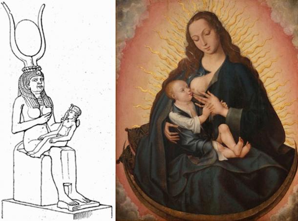 An 1888 drawing of a statue of Isis and Horus. The Nursing Madonna by unknown master from Bruges, 16th century. Museu de Aveiro, Portugal.