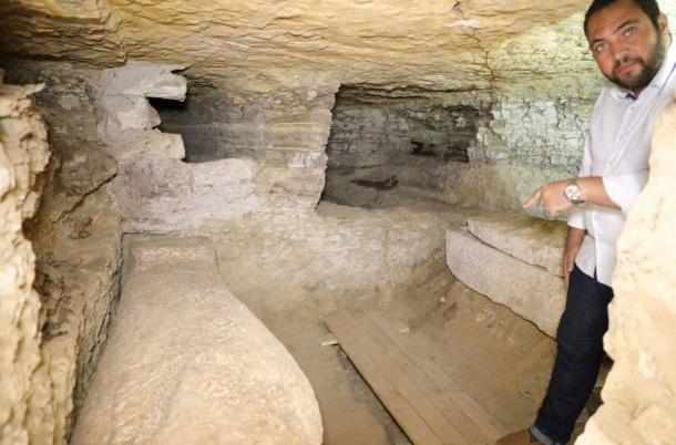A stone sarcophagus found in one of the chambers.