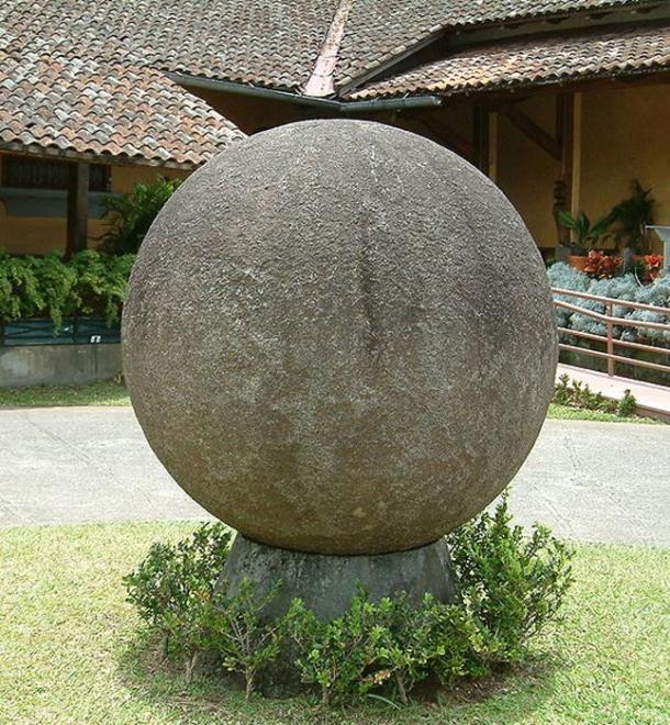 This stone sphere is in the rooftop courtyard of the national museum or Museo Nacional in San Jose, Costa Rica. It is part of the extensive collection of pre-Columbian artifacts at the museum