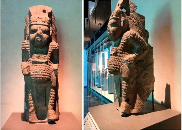 Fotos C y D de la figura de piedra de la Columna 2 de Oxkintok, ahora en el Museo Antropológico de la Ciudad de México. (Proporcionado por el autor)