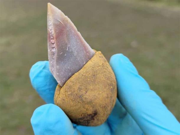 A stone tool glued into a handle made of liquid bitumen with the addition of 55 percent ochre. It is no longer sticky and can be handled easily. (Image courtesy of Patrick Schmidt, University of Tübingen)