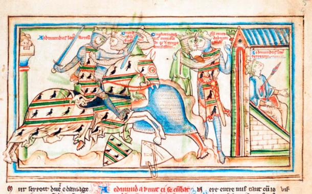 After their continuous struggles on the left, the treaty between Cnut and King Edmund was represented in this 13th-century manuscript with a so-called kiss of peace. The untimely death of King Edmund was then portrayed right next door. (Cambridge University Library / CC BY-NC 3.0)