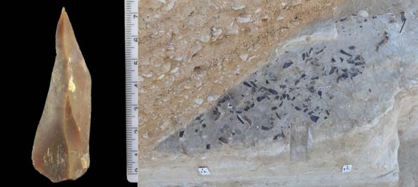 The new study analyzed tools from the Boker Tachtit site using highly accurate dating technology. Left: A flint point from Boker Tachtit. (Clara Amit / Israel Antiquities Authority) Right: Layer of Early Upper Paleolithic flint tools from Boker Tachtit site. (Prof. Elisabetta Boaretto / Weizmann Institute of Science)