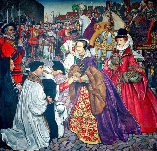 Mary I of England makes her entrance in London to take over the throne in 1553, accompanied by her sister Elizabeth, dressed in red behind her. 