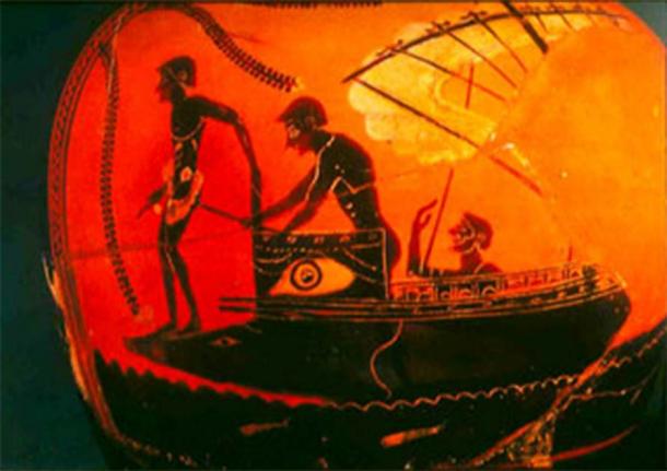 A talisman, like the magic disc discovered off the coast of Israel, as depicted on ancient Greek pottery. (Israel Antiquities Authority)