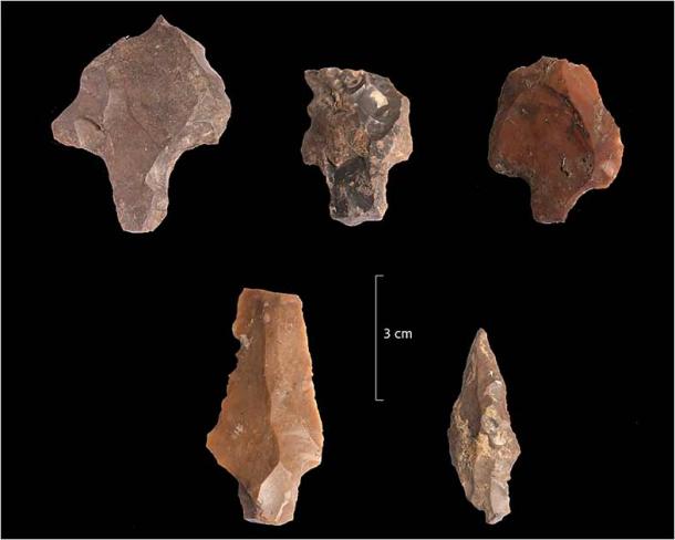 Higo. 3 del estudio que muestra cinco artefactos de la cultura ateriana de la capa 4c de la cueva Bizmoune. (A. Bouzouggar, INSAP, Marruecos / Science Advances)