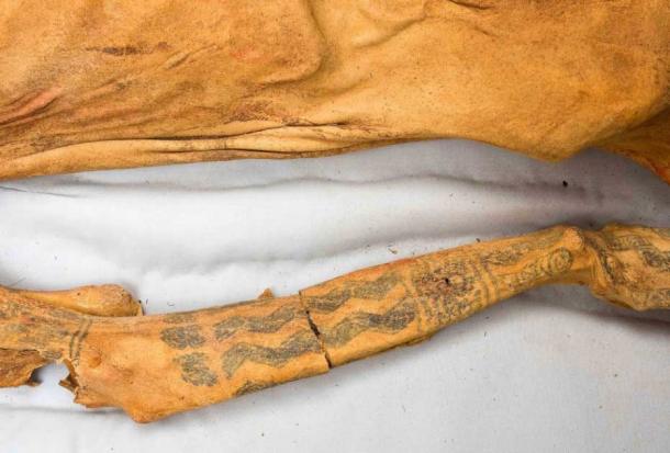 The tattooed arm of the Lady of Cao, one of the mummy discoveries found at Huaca El Brujo. (El Brujo Project)