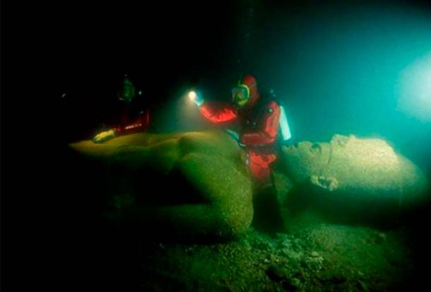 The team discovered a sunken statue of a pharaoh on the Mediterranean sea floor near the great temple of ancient Heracleion. (Christoph Gerigk © Franck Goddio/Hilti Foundation)