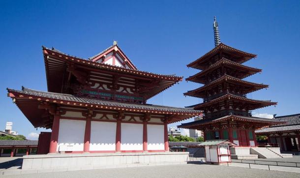 The five-storey pagoda and another temple building at Shitenno-ji, Osaka