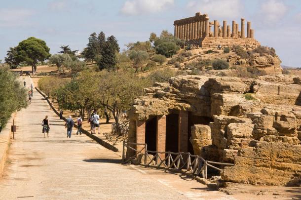 The temple of Juno on the hill in the background