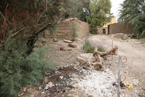 Remains of the temple of Thutmose I in Gurna: Today a single column base is visible on the surface.