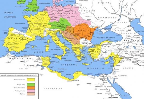 Mark Antony served Caesar during the Gaul campaign. The ancient Mediterranean in 50 BC at the end of Caesar's Gallic Wars, with the territory of Rome in yellow