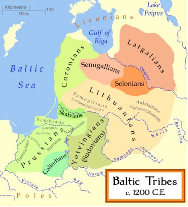 Map showing the territory of the Yotvingians and other Baltic tribes c. 1200. 