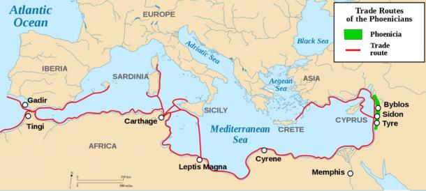 Phoenician territory and their extensive trade networks and settlements around the Mediterranean. (Credit: Rodrigo & Reedside / CC BY-SA 3.0)